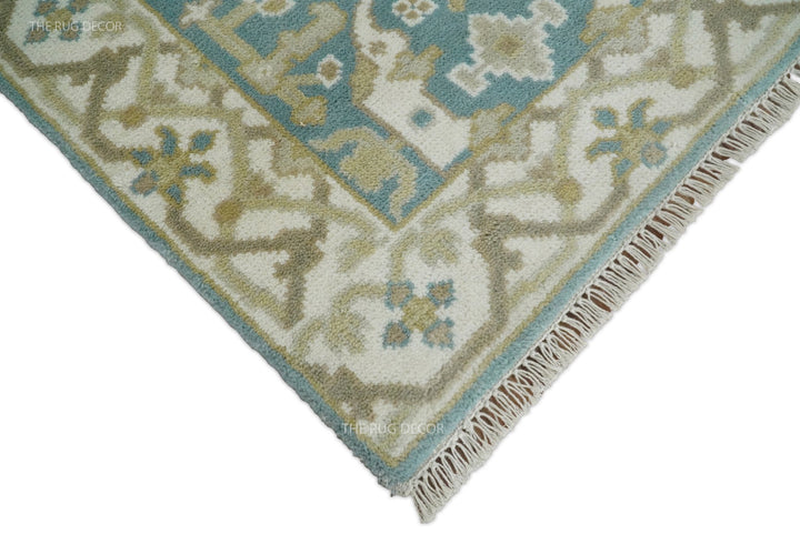 Close-up of the patterned corner and fringe on the wool runner rug