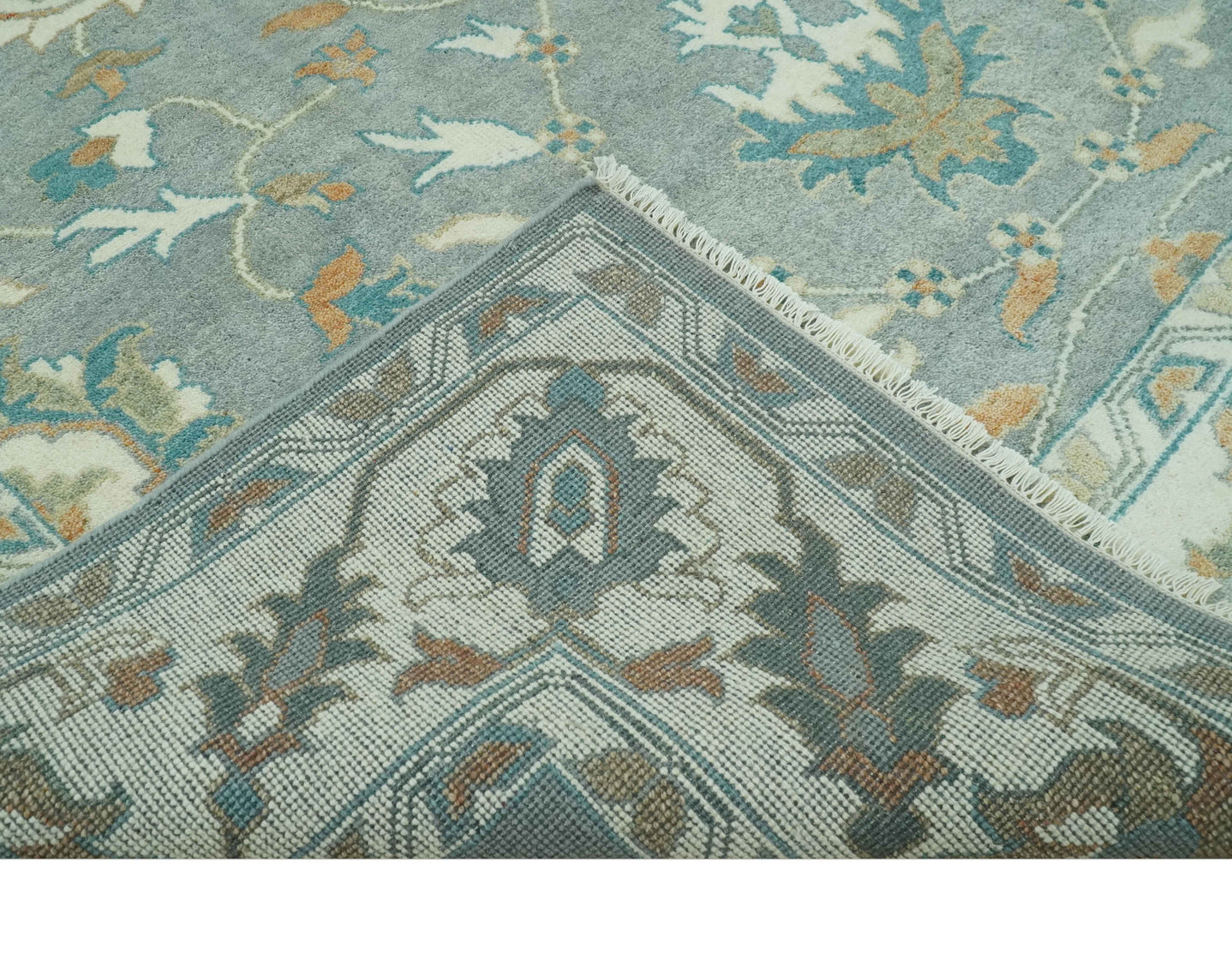 8x10 Traditional Floral Silver and Ivory Hand Knotted wool area rug