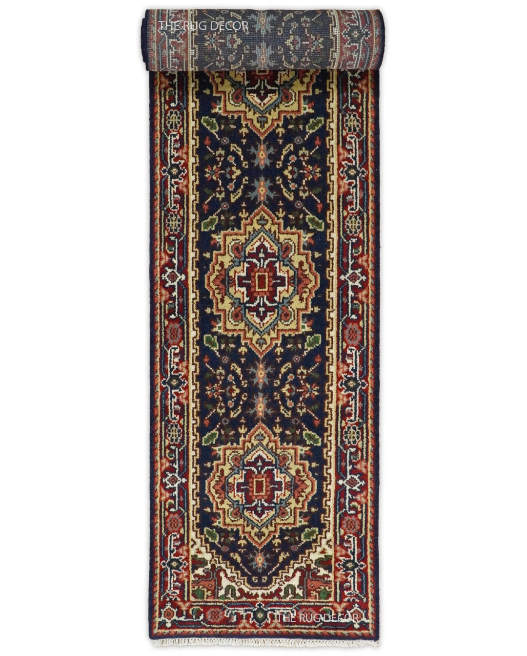 Traditional wool runner rug partially rolled to show its patterned underside