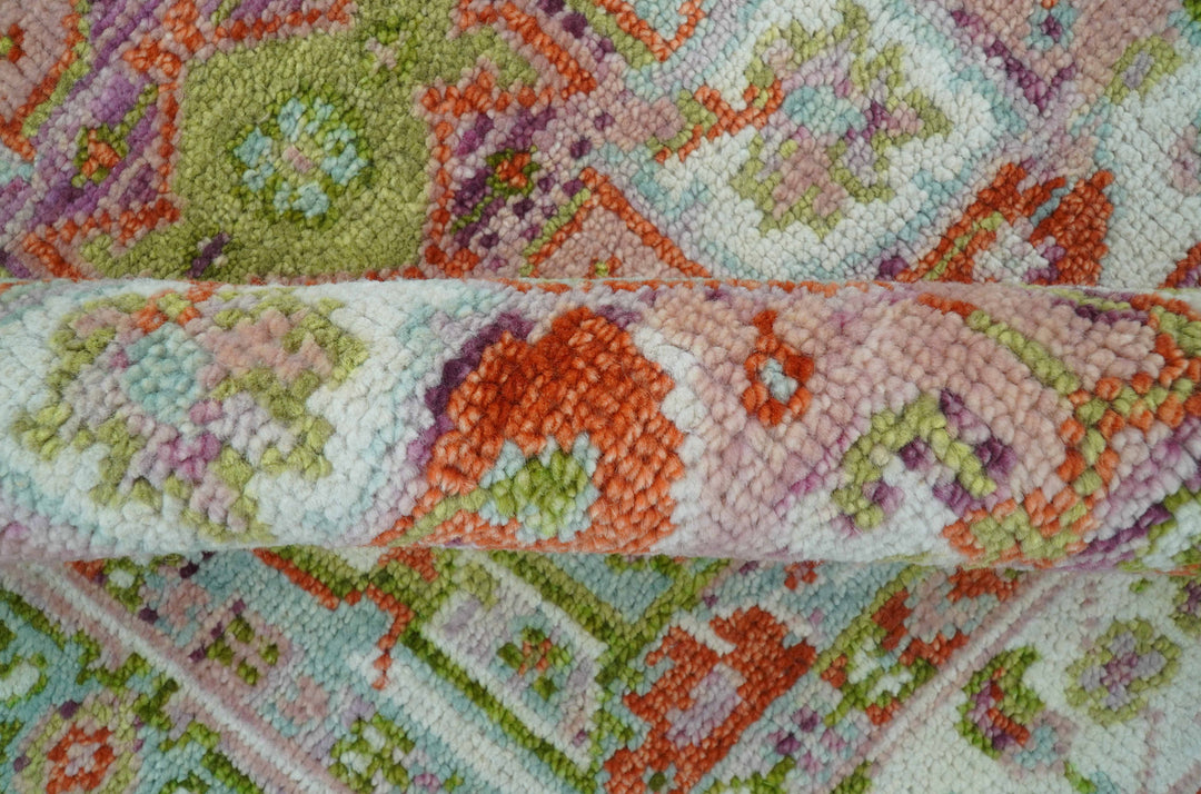 Quick Ship 4x5 Transitional Pink, Green and Ivory wool Area Rug