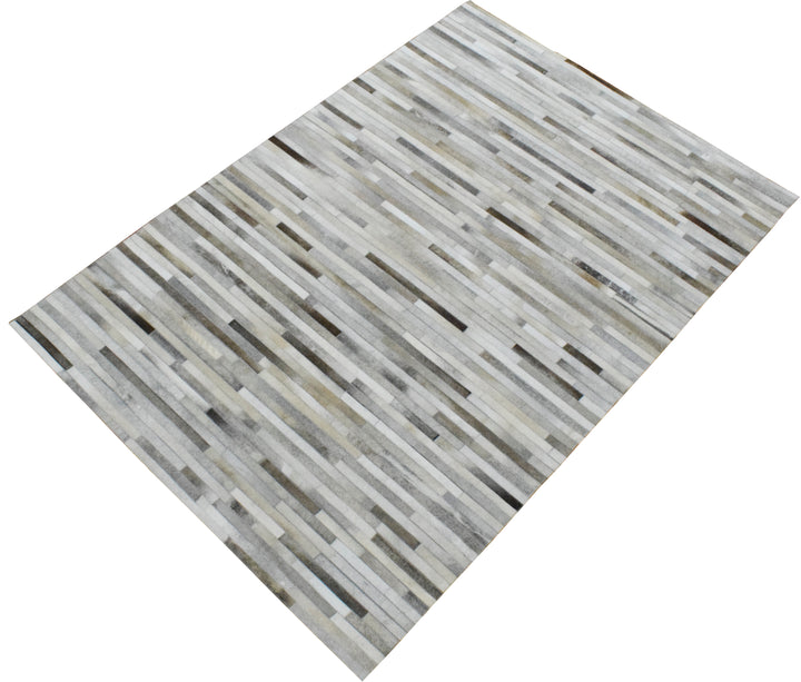 Ready to Ship Modern Stripe Beige And Silver Handmade 5x8 Leather Rug