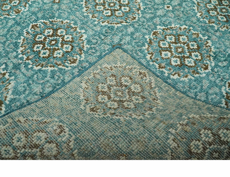 5x8 Traditional Damask Floral Design Blue, Ivory and Olive wool area rug