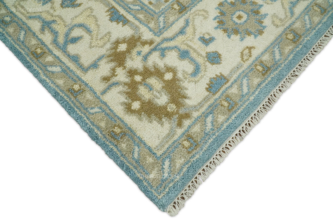 Traditional Oushak Design Blue And Beige Hand Knotted Wool Rug