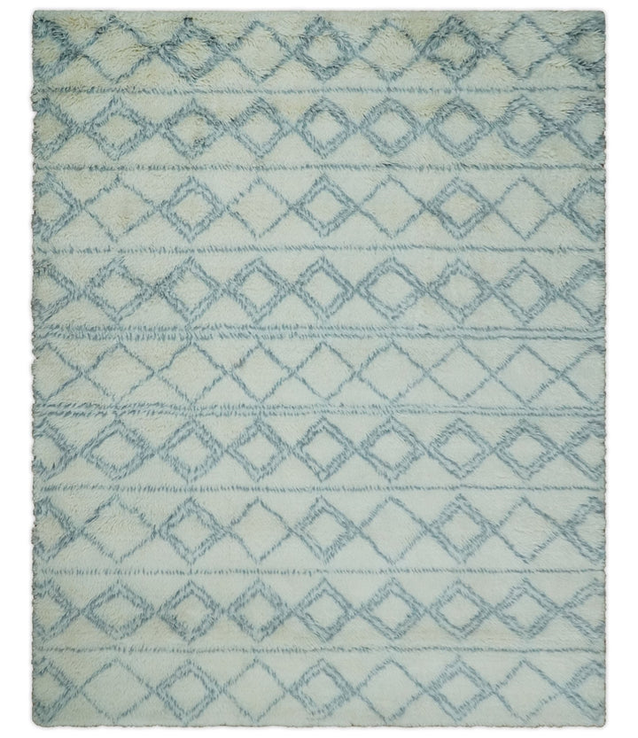 Ready to Ship 5x8 Modern Ivory and Blue Moroccan Wool Rug