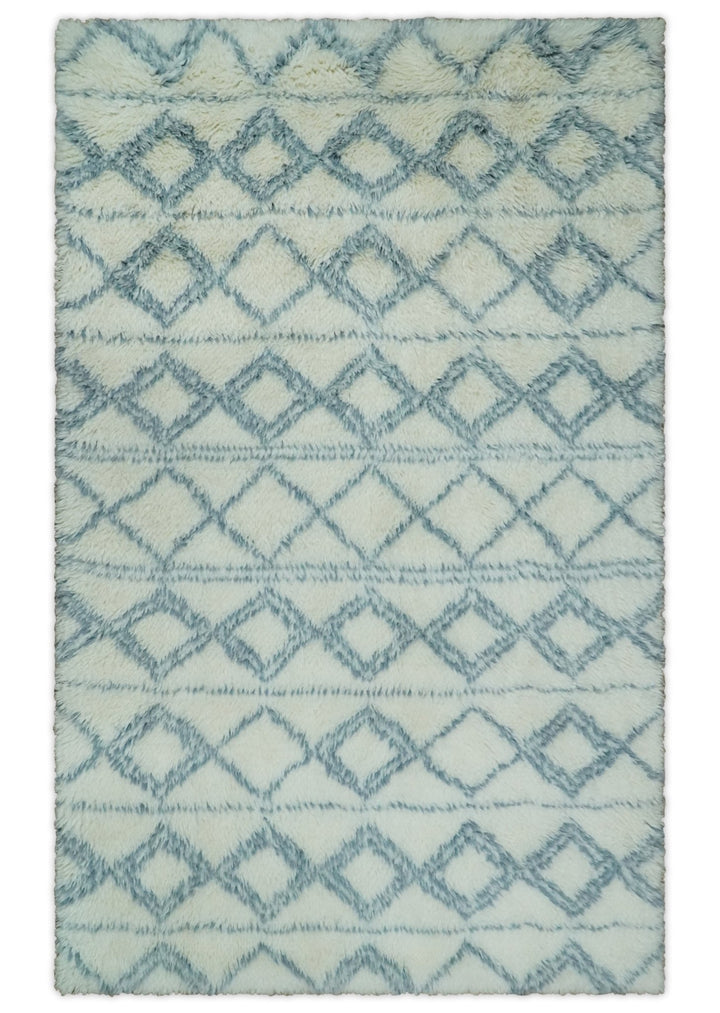 Ready to Ship 5x8 Modern Ivory and Blue Moroccan Wool Rug
