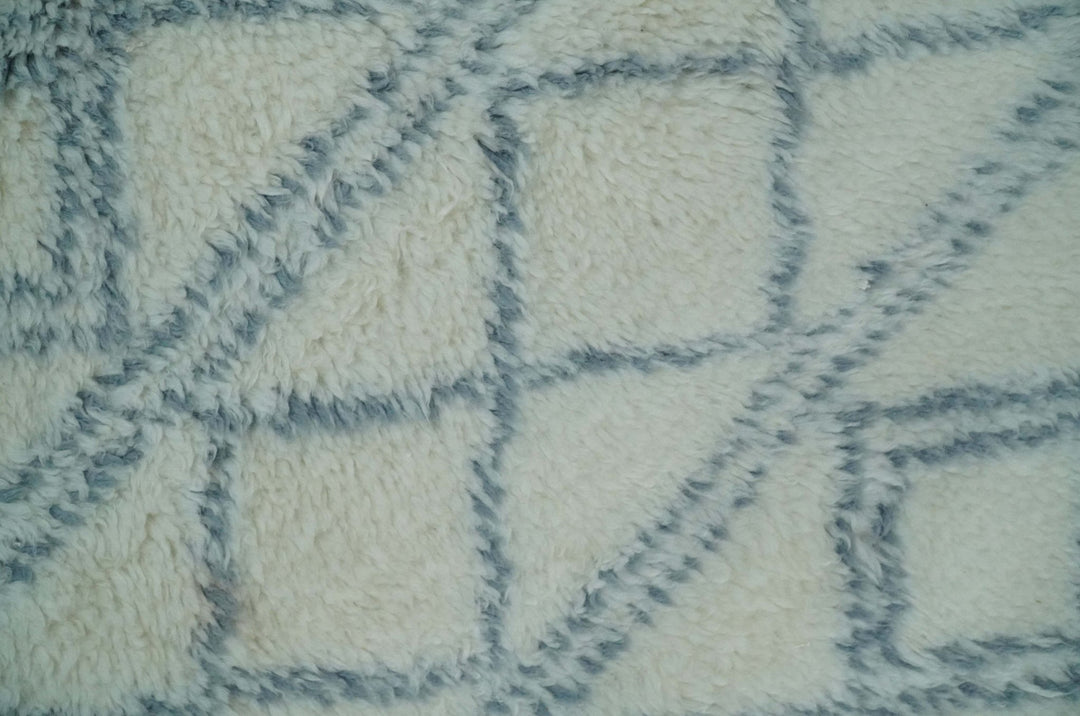 Ready to Ship 8x10 Modern Ivory and Blue Moroccan Wool Rug