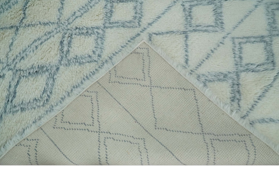 Ready to Ship 8x10 Modern Ivory and Blue Moroccan Wool Rug