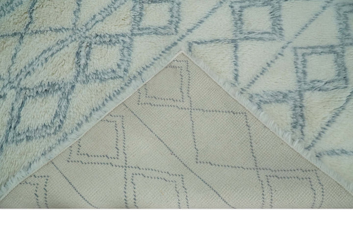 Ready to Ship 8x10 Modern Ivory and Blue Moroccan Wool Rug