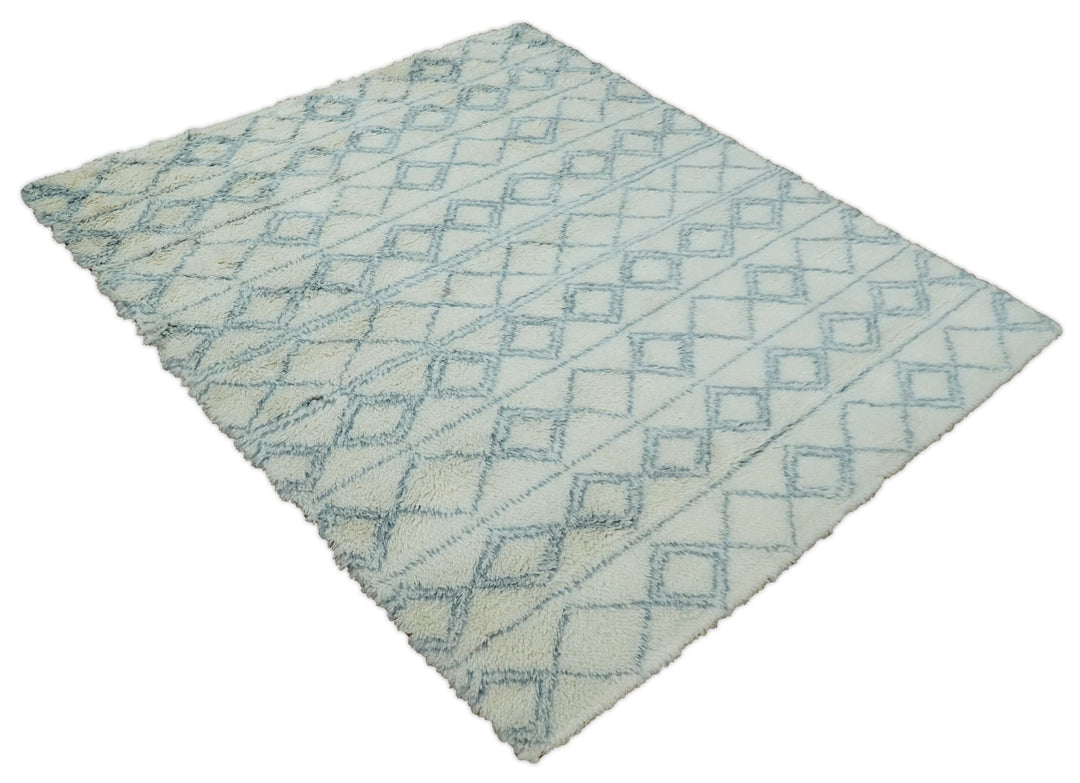 Ready to Ship 8x10 Modern Ivory and Blue Moroccan Wool Rug