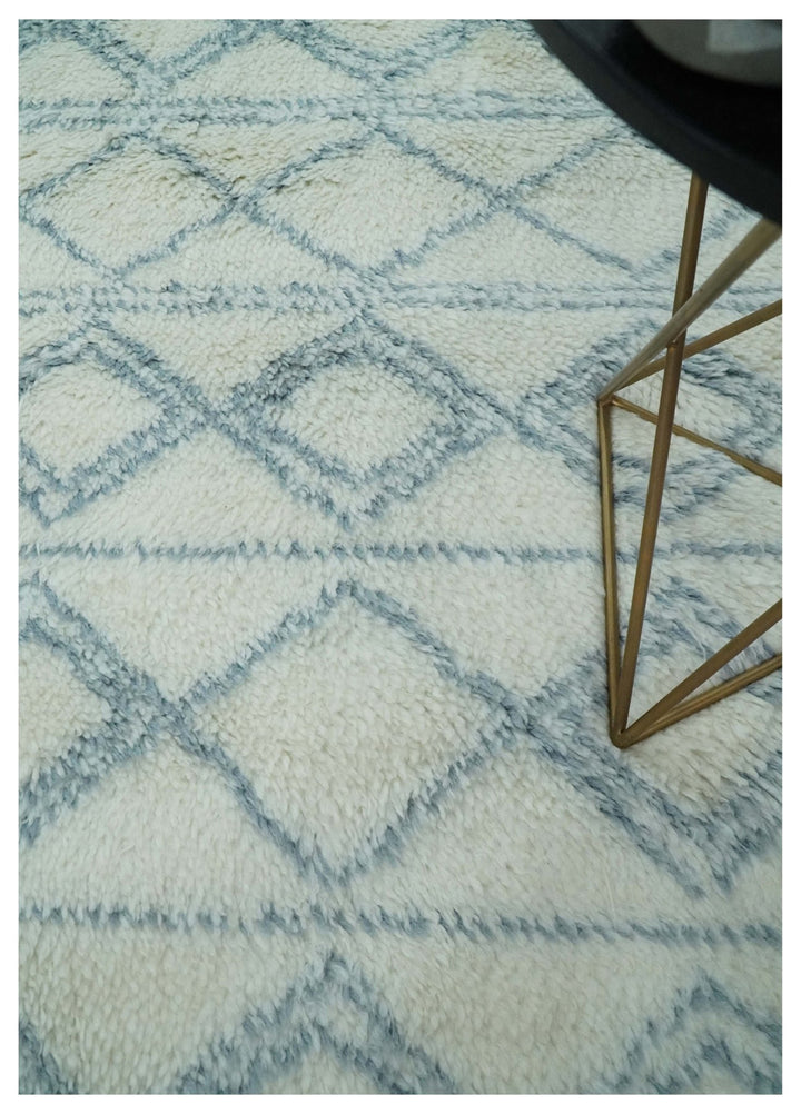 Ready to Ship 5x8 Modern Ivory and Blue Moroccan Wool Rug
