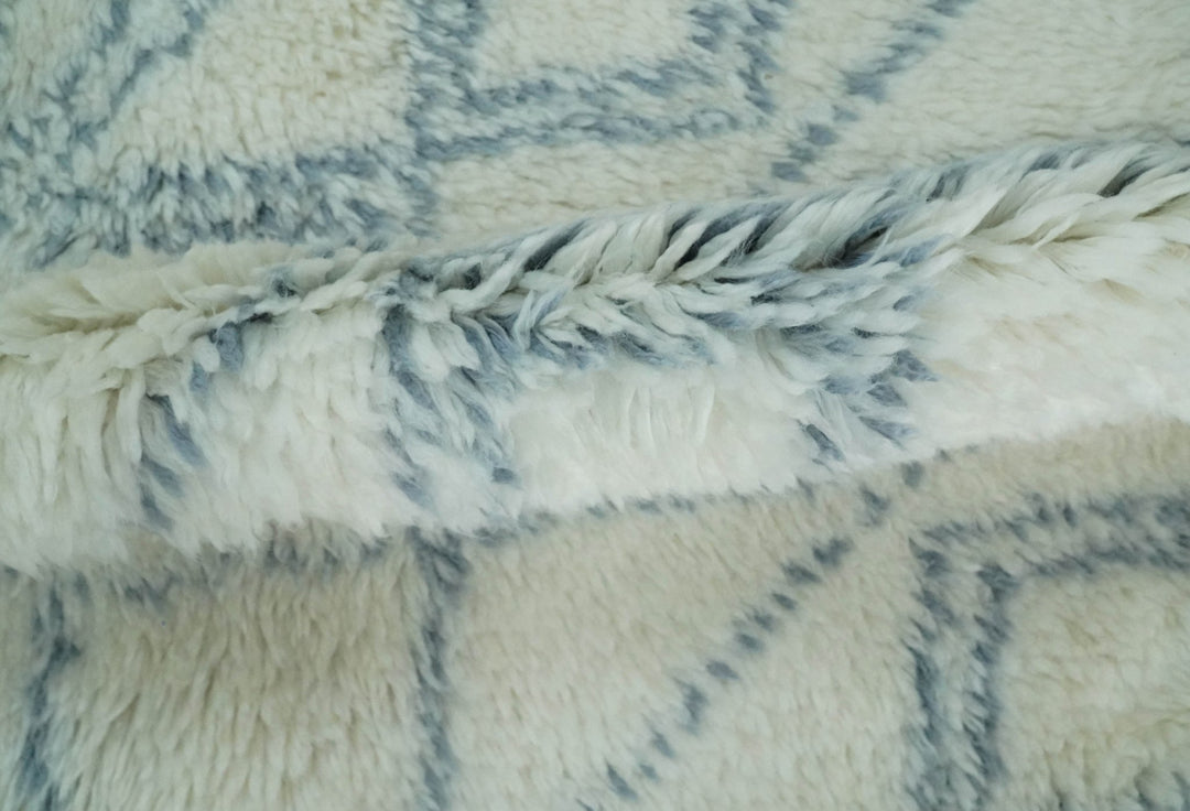 Ready to Ship 8x10 Modern Ivory and Blue Moroccan Wool Rug