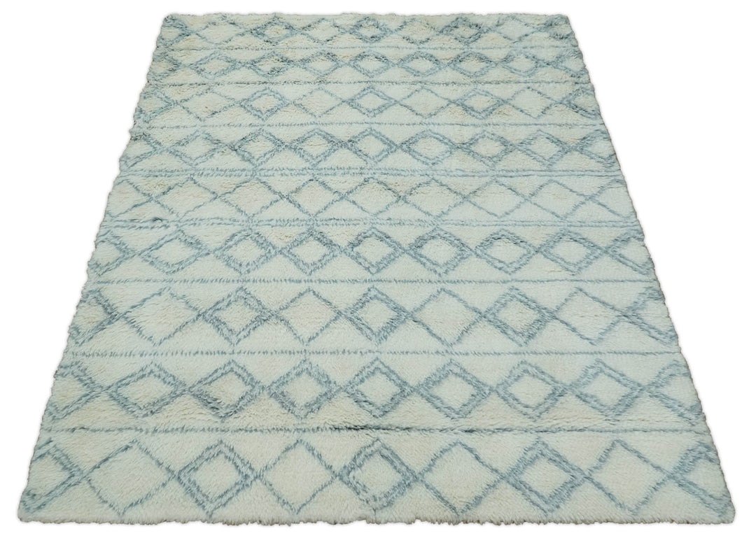 Ready to Ship 8x10 Modern Ivory and Blue Moroccan Wool Rug