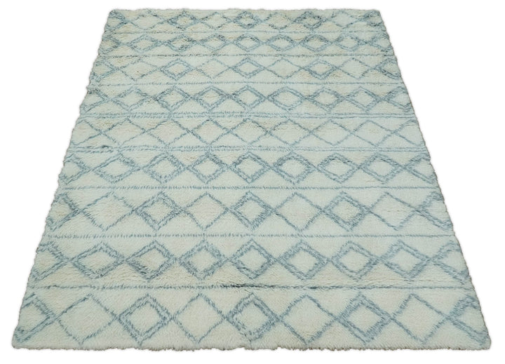 Ready to Ship 8x10 Modern Ivory and Blue Moroccan Wool Rug