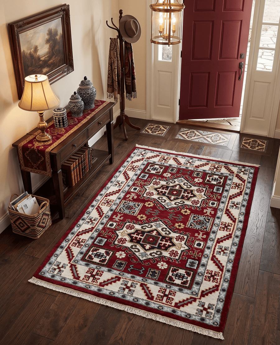 4x6 Hand Knotted Traditional Kazak Maroon And Blue Wool Area Rug - The Rug Decor