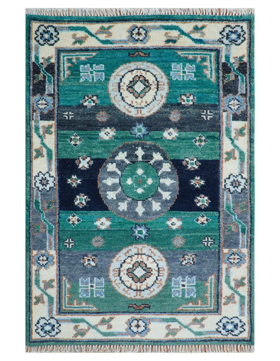 4x6 Hand knotted Traditional Khotan Design Teal And Ivory Wool Rug - The Rug Decor