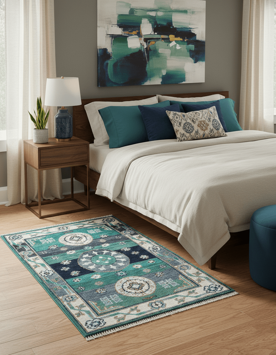 4x6 Hand knotted Traditional Khotan Design Teal And Ivory Wool Rug - The Rug Decor