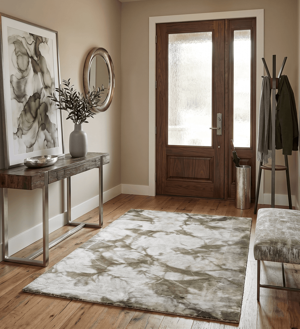 4x6 Modern Abstract Hand Woven Silver and Olive Art Silk Rug - The Rug Decor