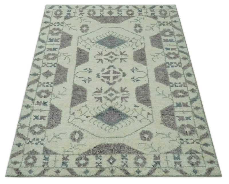 5.6x7.6 Ivory and Brown Traditional Hand Knotted wool Area Rug - The Rug Decor
