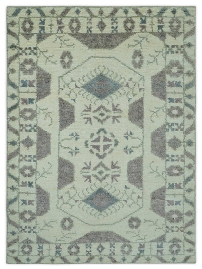 5.6x7.6 Ivory and Brown Traditional Hand Knotted wool Area Rug - The Rug Decor