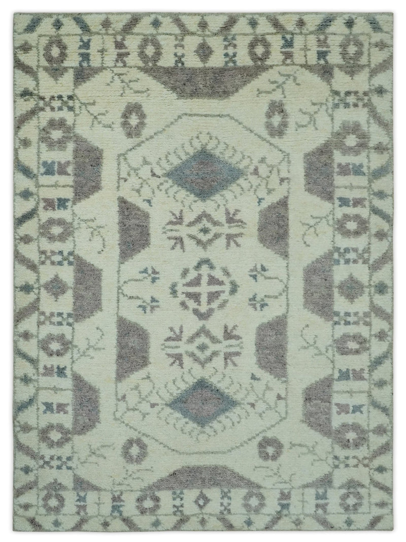 5.6x7.6 Ivory and Brown Traditional Hand Knotted wool Area Rug - The Rug Decor