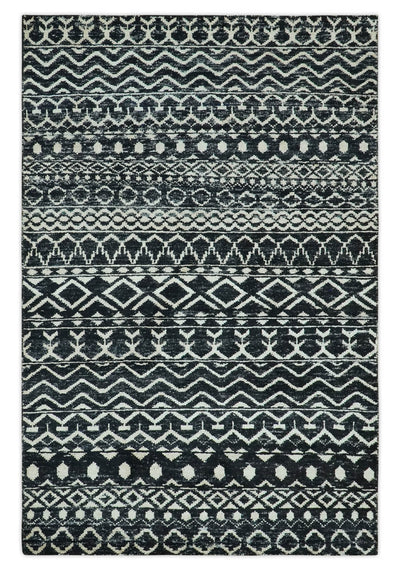 5.6x8.6 Black and Ivory Hand Knotted Southwestern Tribal Trellis wool Area Rug - The Rug Decor