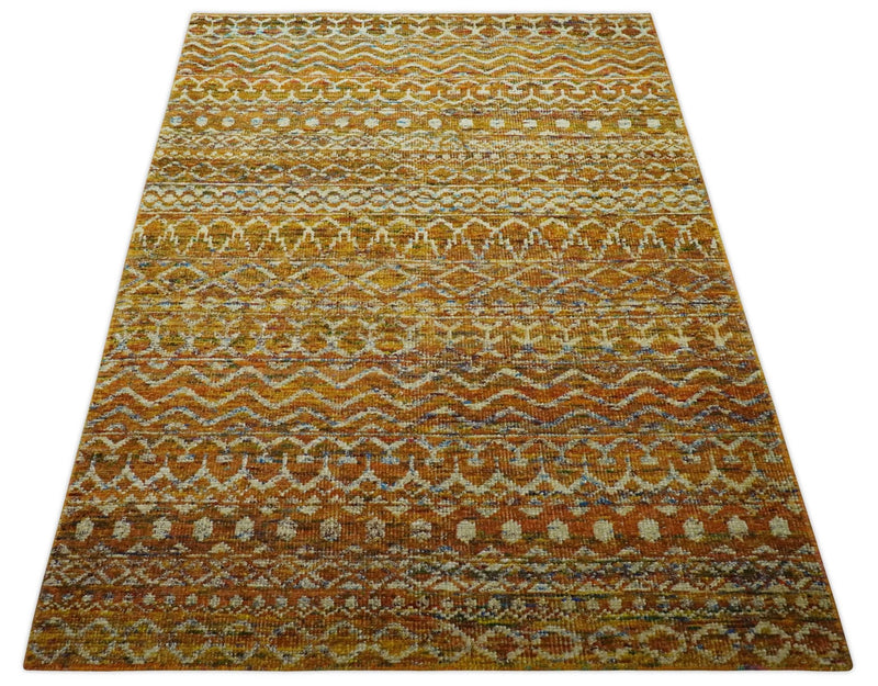 5.6x8.6 Hand Knotted Gold, Ivory and Rust Southwestern Tribal Trellis wool Area Rug - The Rug Decor