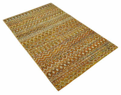 5.6x8.6 Hand Knotted Gold, Ivory and Rust Southwestern Tribal Trellis wool Area Rug - The Rug Decor