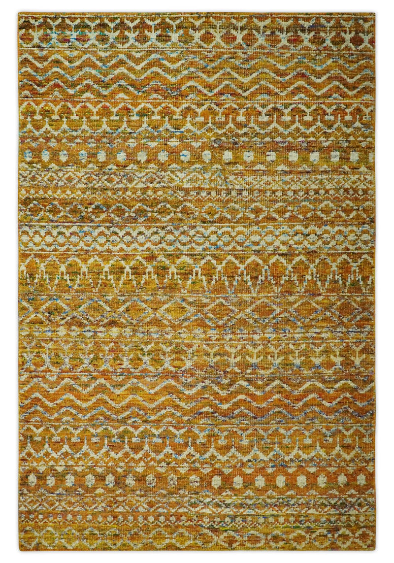 5.6x8.6 Hand Knotted Gold, Ivory and Rust Southwestern Tribal Trellis wool Area Rug - The Rug Decor