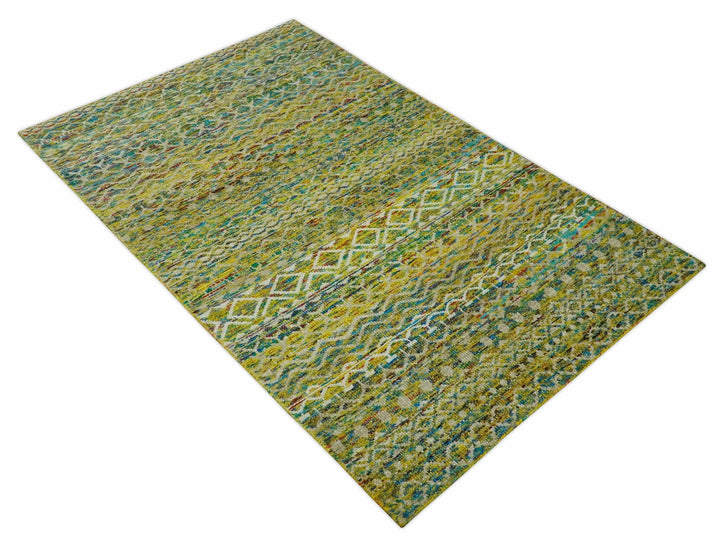 5.6x8.6 Hand Knotted Mustard, Teal and Ivory Southwestern Tribal Trellis wool Rug - The Rug Decor