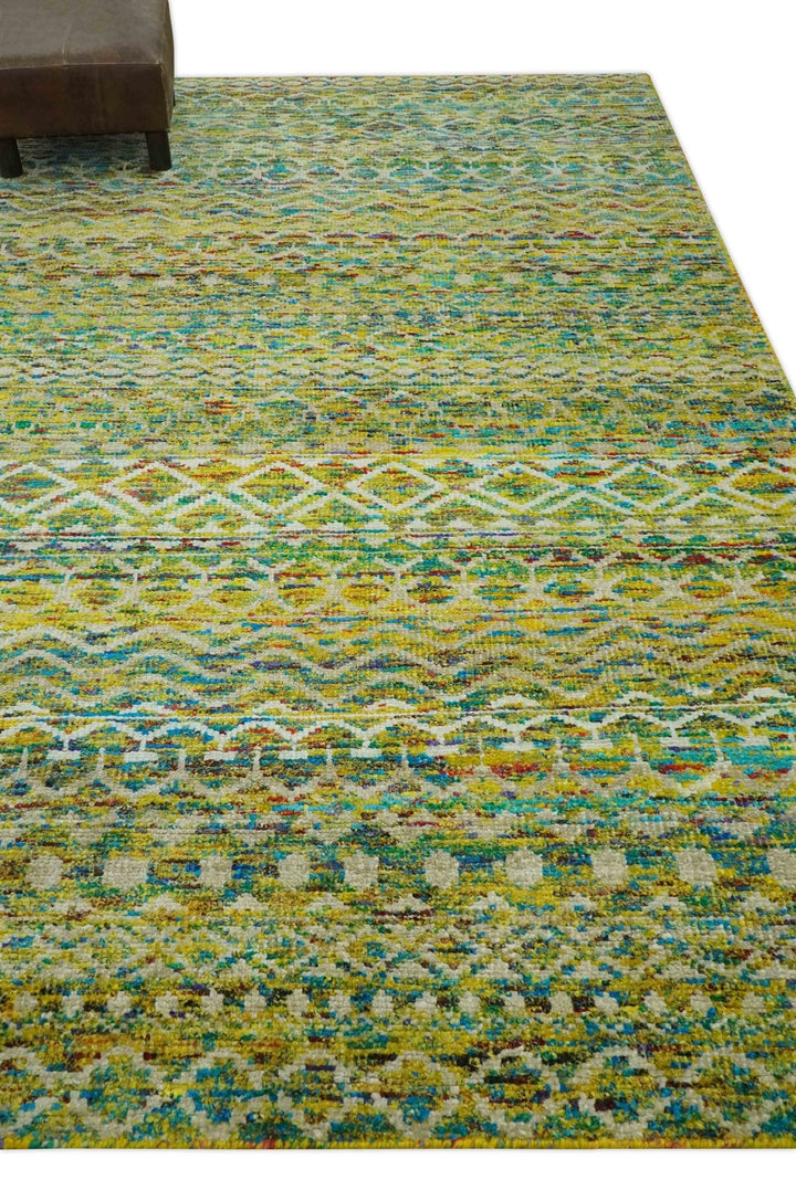 5.6x8.6 Hand Knotted Mustard, Teal and Ivory Southwestern Tribal Trellis wool Rug - The Rug Decor