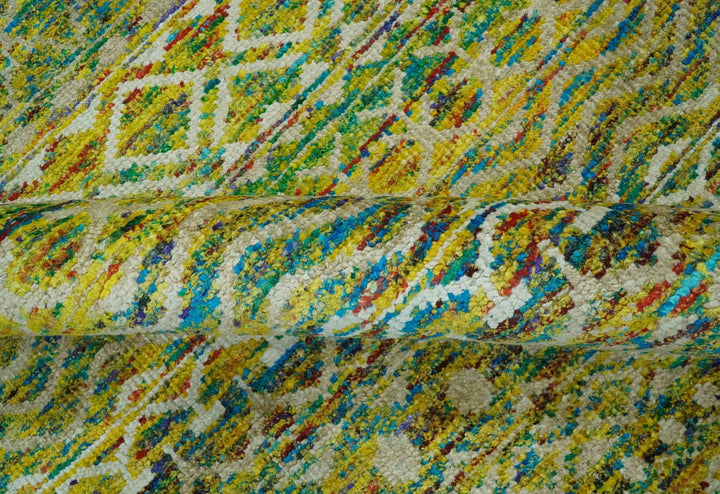 5.6x8.6 Hand Knotted Mustard, Teal and Ivory Southwestern Tribal Trellis wool Rug - The Rug Decor