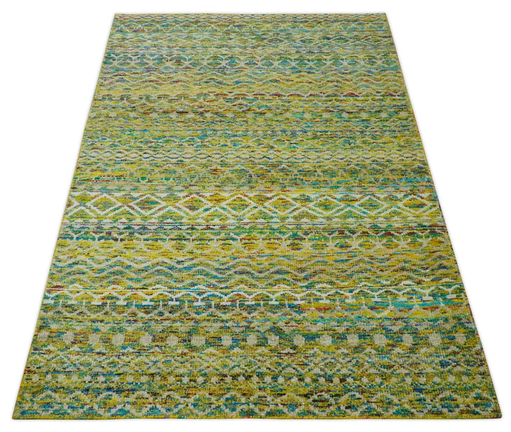 5.6x8.6 Hand Knotted Mustard, Teal and Ivory Southwestern Tribal Trellis wool Rug - The Rug Decor