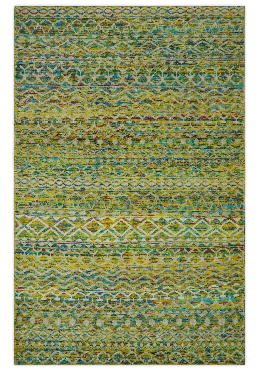 5.6x8.6 Hand Knotted Mustard, Teal and Ivory Southwestern Tribal Trellis wool Rug - The Rug Decor