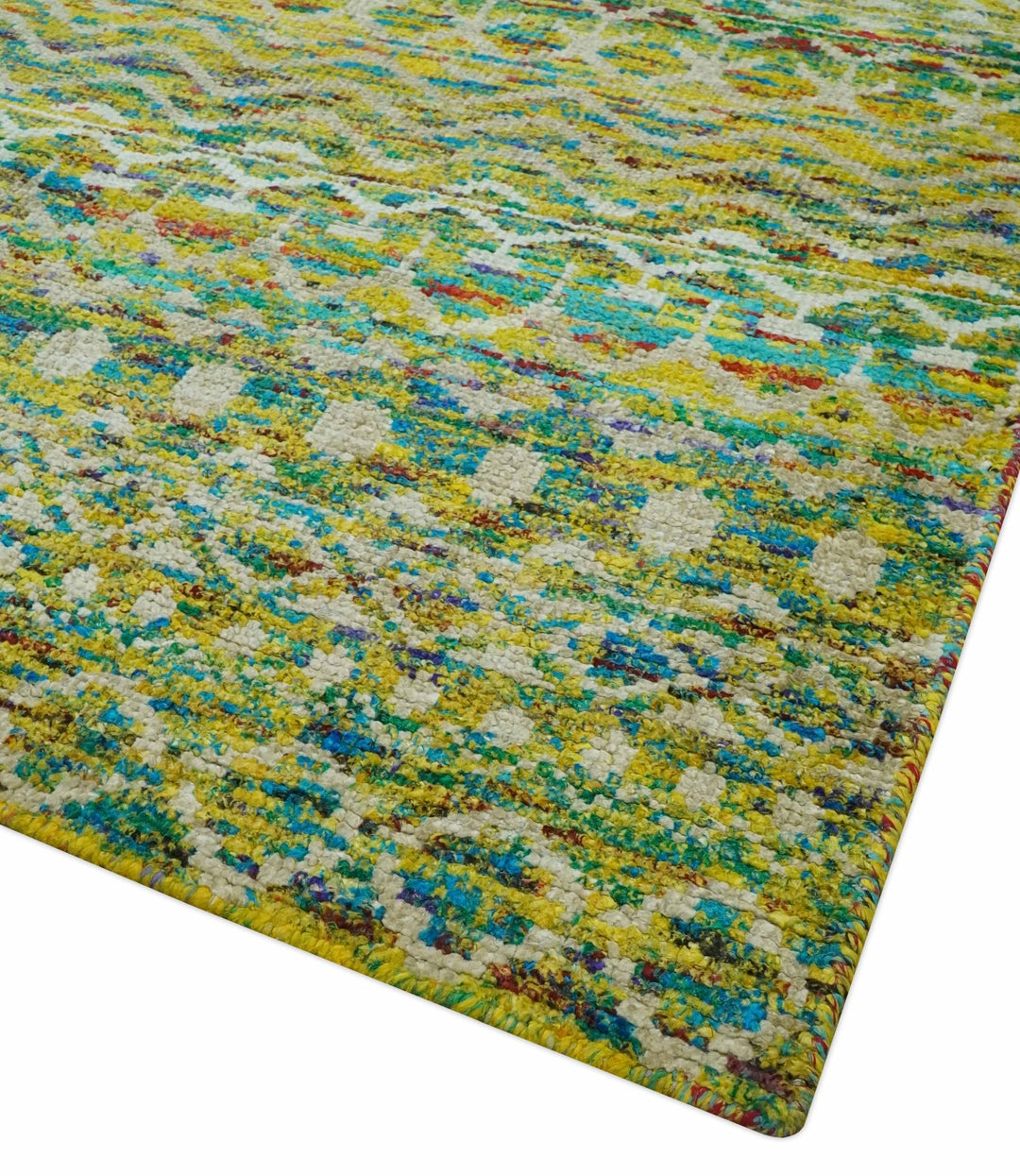 5.6x8.6 Hand Knotted Mustard, Teal and Ivory Southwestern Tribal Trellis wool Rug - The Rug Decor