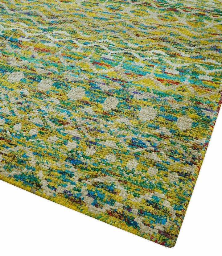 5.6x8.6 Hand Knotted Mustard, Teal and Ivory Southwestern Tribal Trellis wool Rug - The Rug Decor