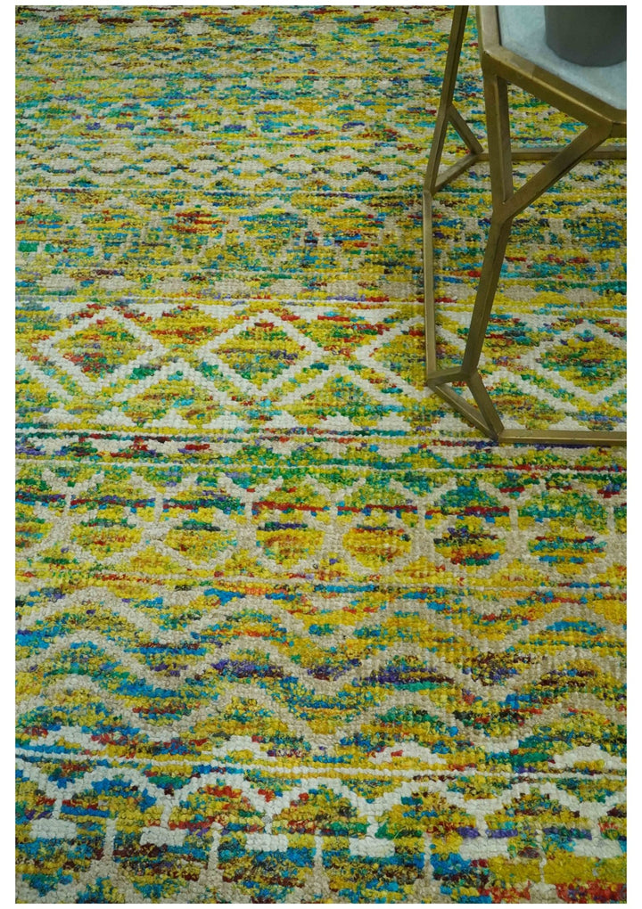 5.6x8.6 Hand Knotted Mustard, Teal and Ivory Southwestern Tribal Trellis wool Rug - The Rug Decor