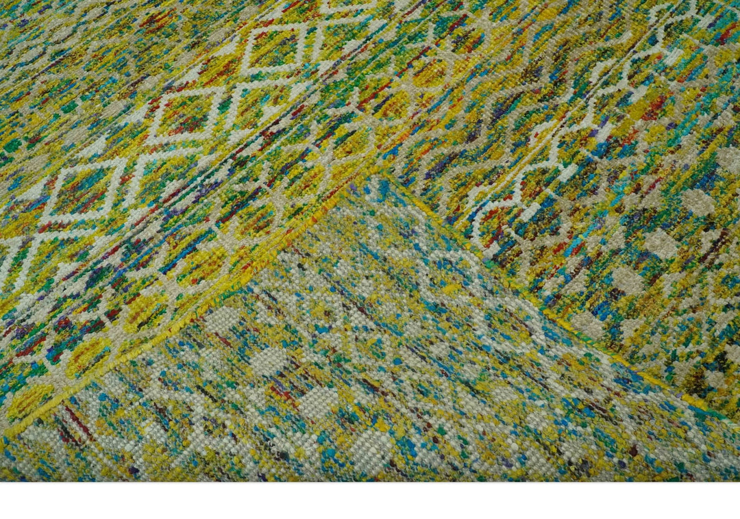 5.6x8.6 Hand Knotted Mustard, Teal and Ivory Southwestern Tribal Trellis wool Rug - The Rug Decor