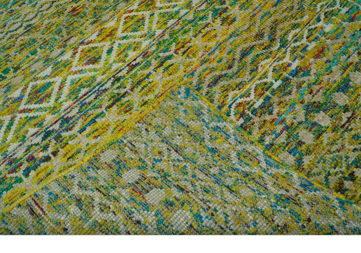 5.6x8.6 Hand Knotted Mustard, Teal and Ivory Southwestern Tribal Trellis wool Rug - The Rug Decor