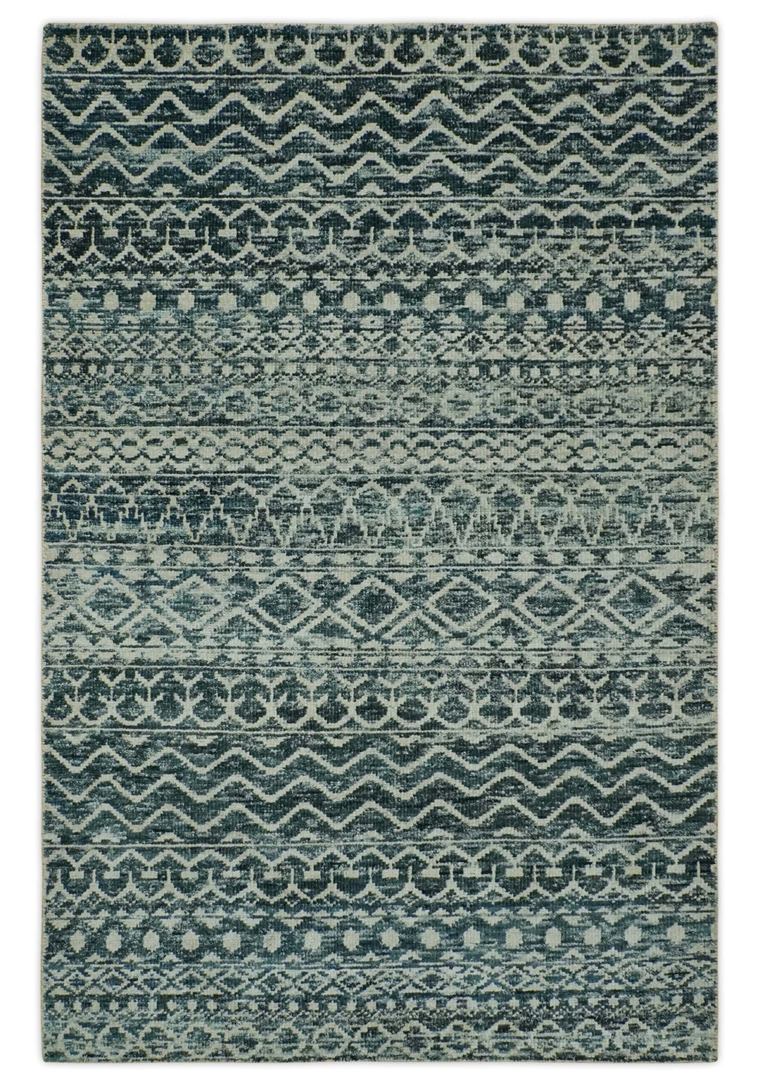 5.6x8.6 Teal Green and Beige Hand Knotted Southwestern Tribal Trellis wool Area Rug - The Rug Decor