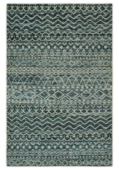 5.6x8.6 Teal Green and Beige Hand Knotted Southwestern Tribal Trellis wool Area Rug - The Rug Decor