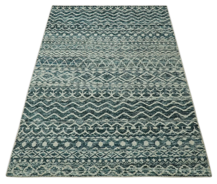 5.6x8.6 Teal Green and Beige Hand Knotted Southwestern Tribal Trellis wool Area Rug - The Rug Decor