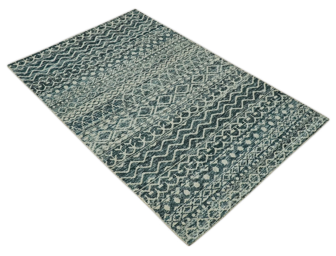 5.6x8.6 Teal Green and Beige Hand Knotted Southwestern Tribal Trellis wool Area Rug - The Rug Decor