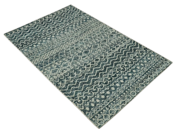 5.6x8.6 Teal Green and Beige Hand Knotted Southwestern Tribal Trellis wool Area Rug - The Rug Decor