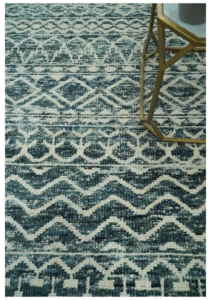 5.6x8.6 Teal Green and Beige Hand Knotted Southwestern Tribal Trellis wool Area Rug - The Rug Decor