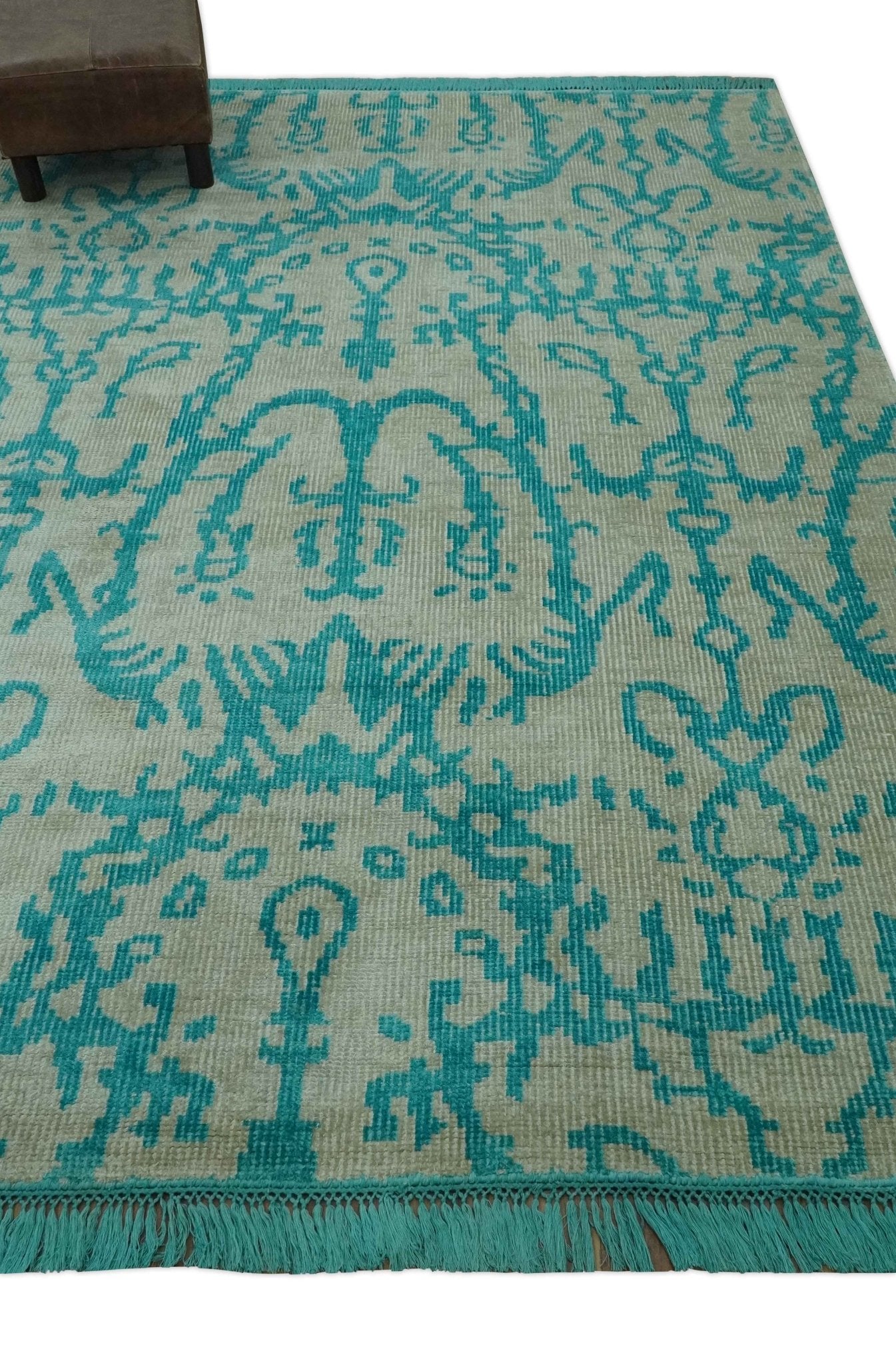 5.8x8 Teal and Beige Hand Knotted Traditional large Design viscoseArea Rug - The Rug Decor