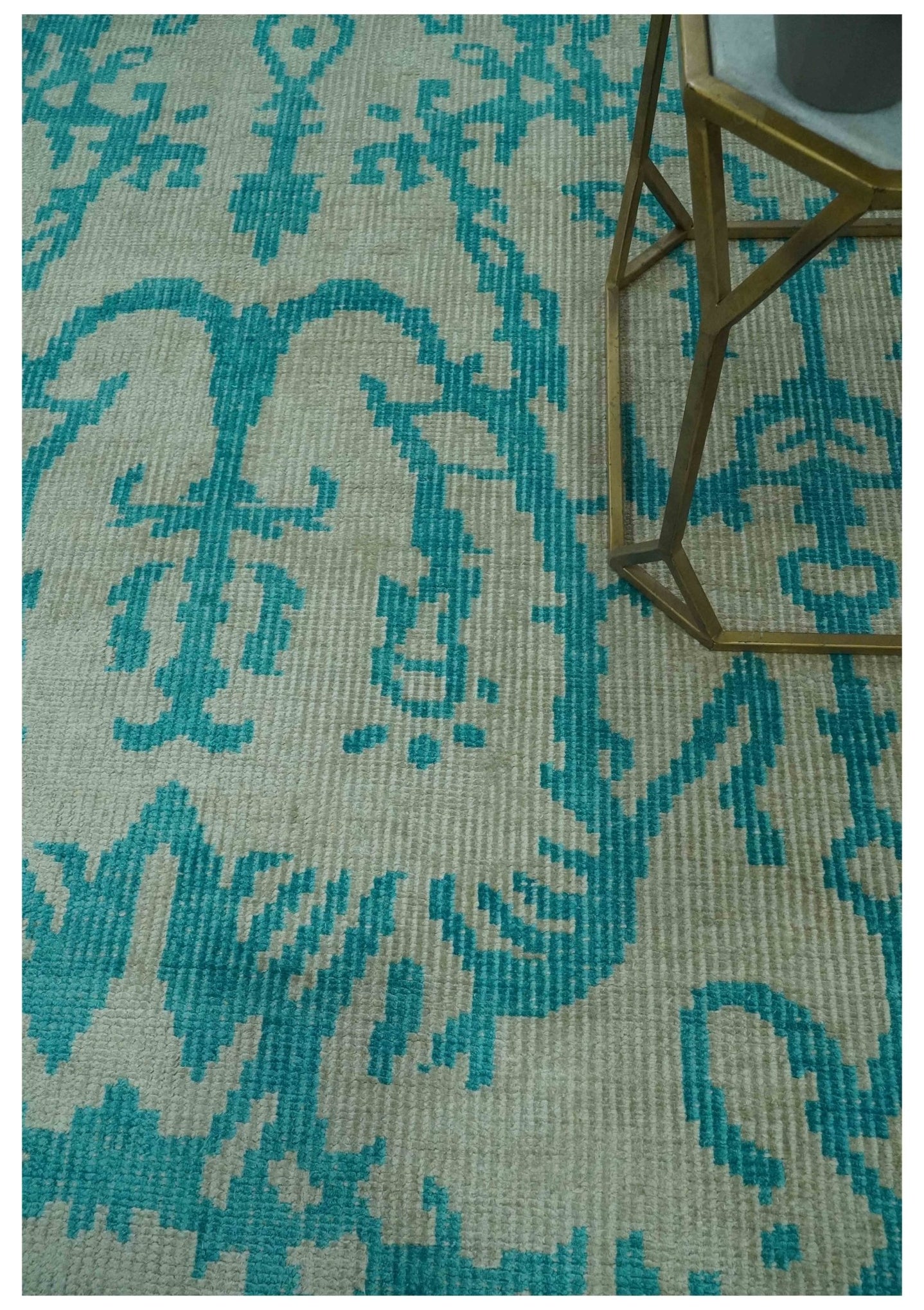 5.8x8 Teal and Beige Hand Knotted Traditional large Design viscoseArea Rug - The Rug Decor