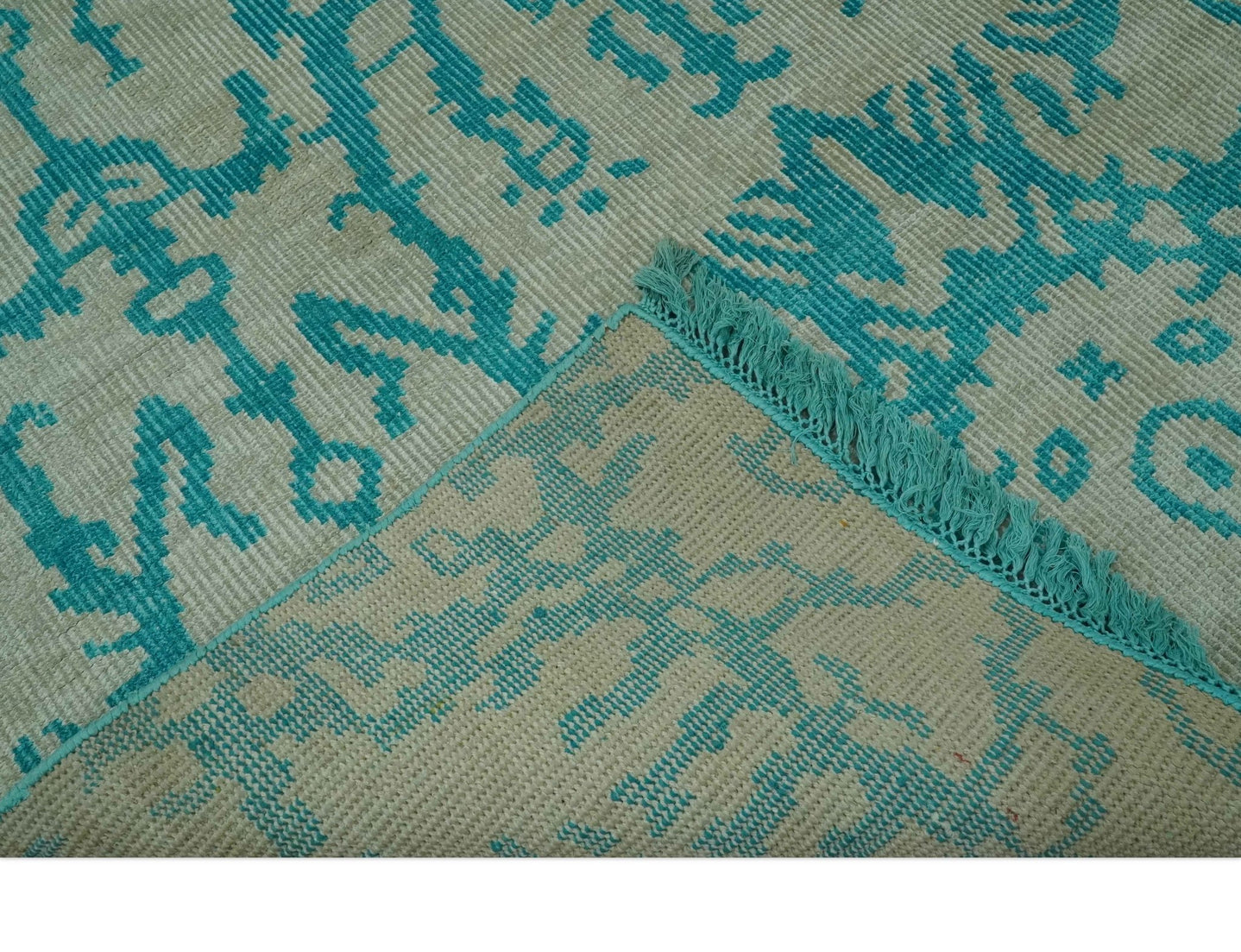 5.8x8 Teal and Beige Hand Knotted Traditional large Design viscoseArea Rug - The Rug Decor