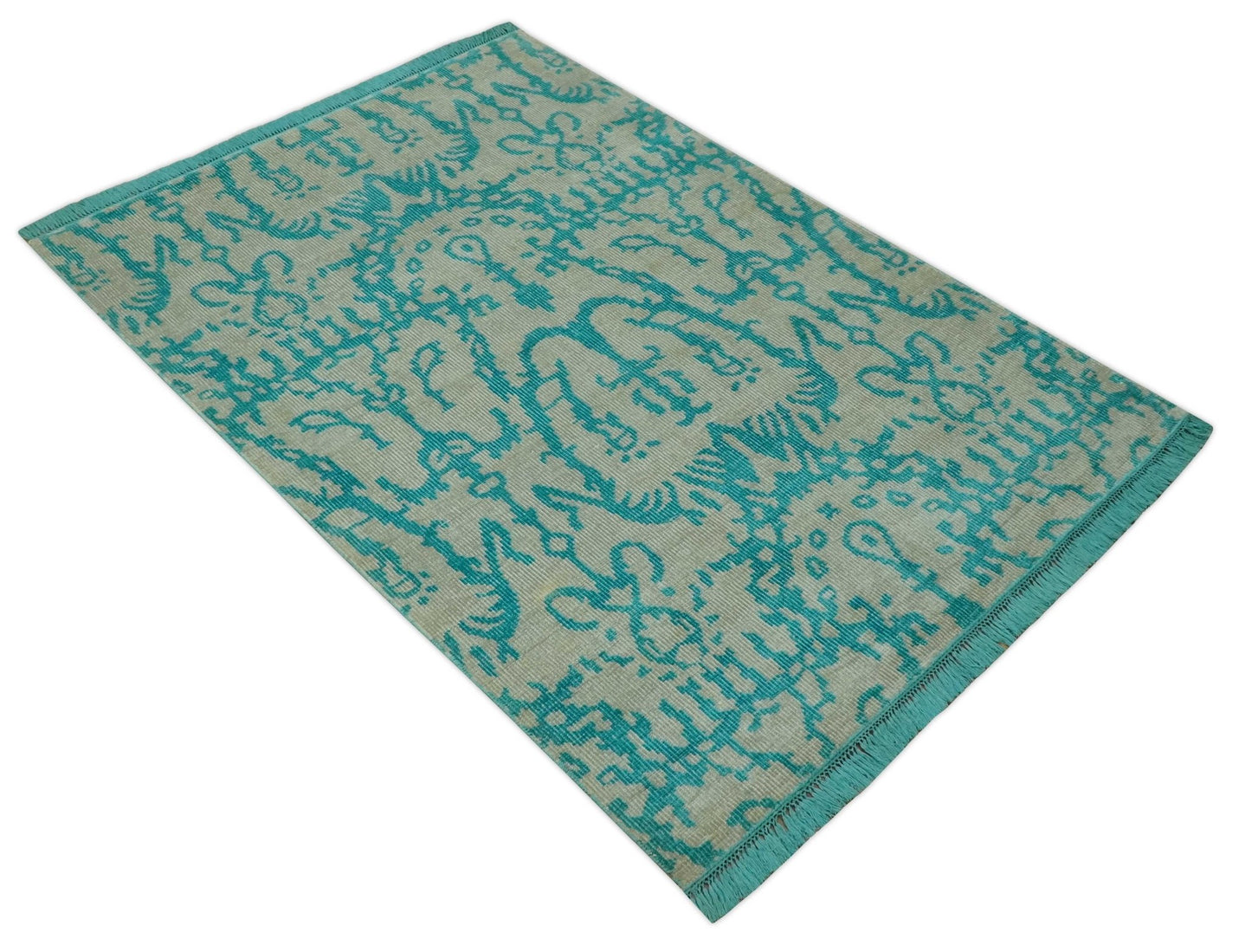 5.8x8 Teal and Beige Hand Knotted Traditional large Design viscoseArea Rug - The Rug Decor