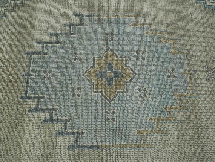 Traditional Medallion Design Blue and Beige Hand Knotted Wool Rug Custom Made
