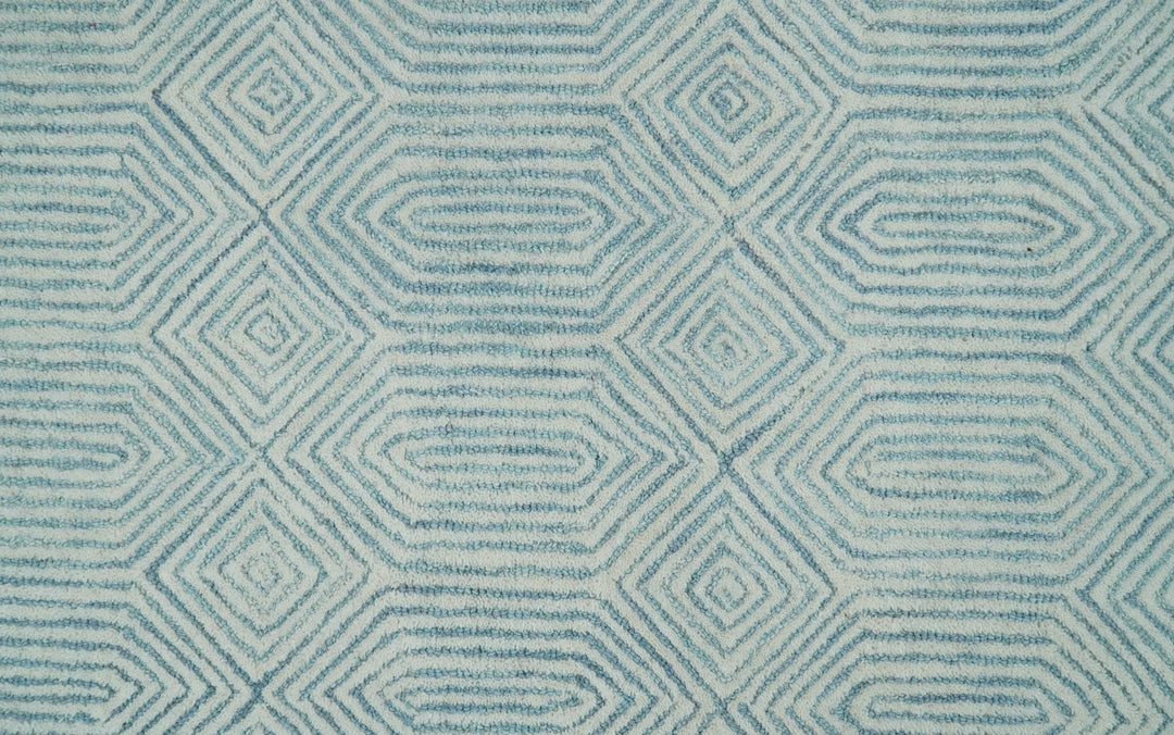 Ready to Ship Teal And Ivory Modern Contemporary Hand Tufted 2.6x8 Wool Rug
